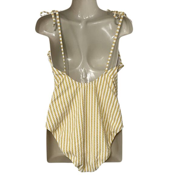 Jessica Simpson Striped Seersucker One Piece Swimsuit Mustard Yellow White Sz L - Picture 8 of 13